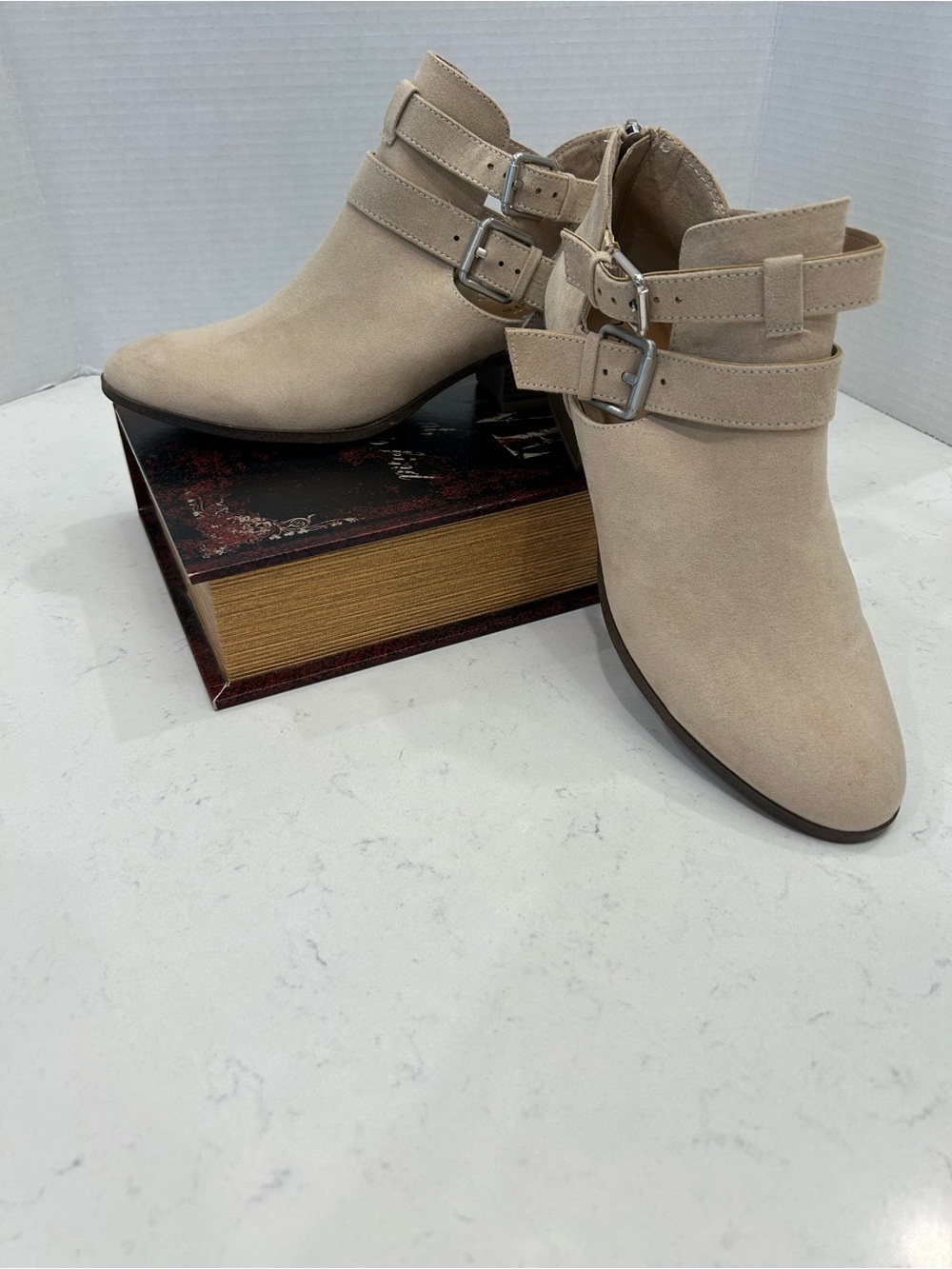 Francesca's Collections Beige Suede Double-Buckle Ankle Booties